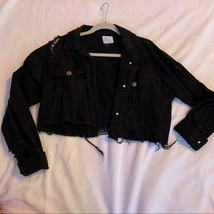 Cropped Distressed Black Denim Jacket
